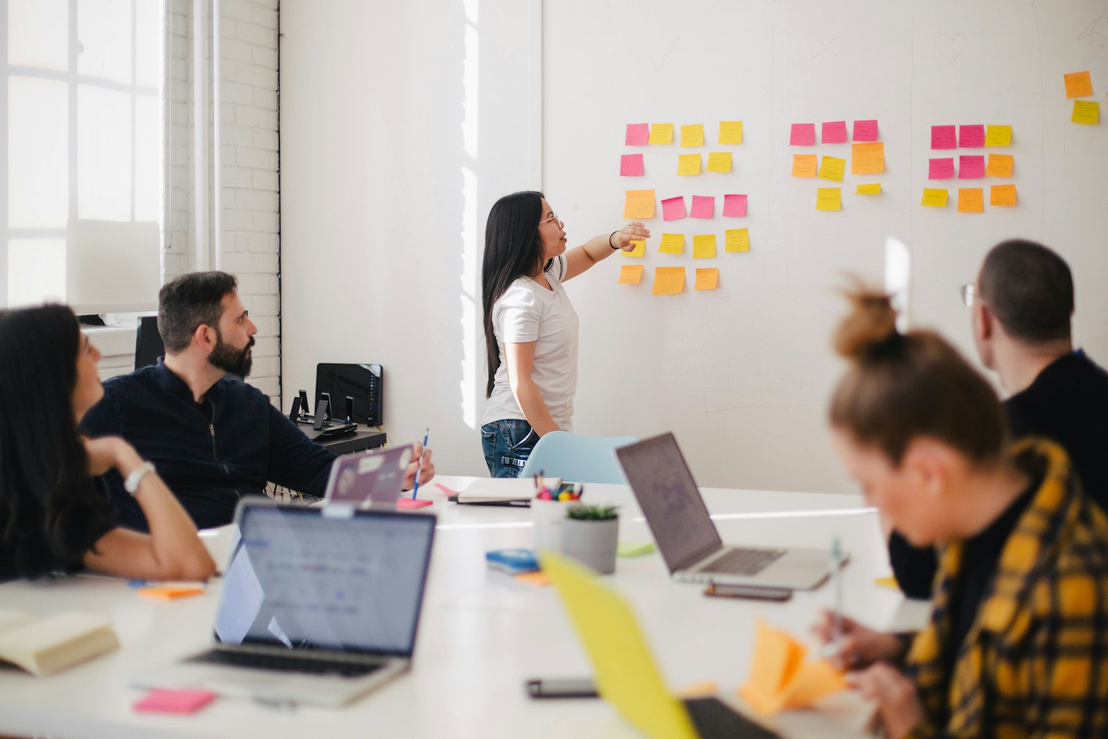 Team reviewing progress on a screen